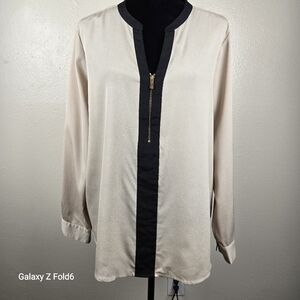 Calvin Klein Blouse XL Beige Black Zip Front Long Sleeve Top Roll Tab NWT Flawed